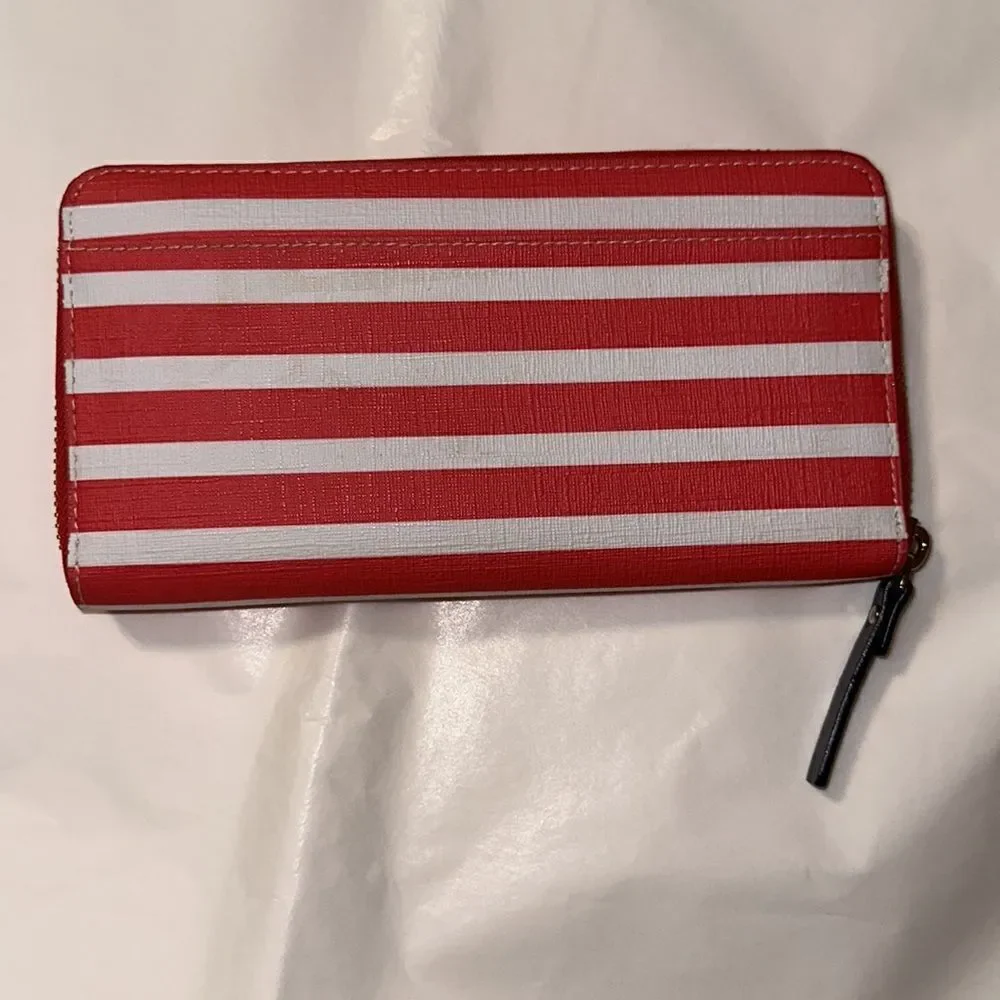 kate spade White Coral Pink Stripe Zip Around Leather Wallet